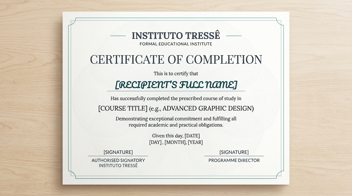 Certificado de conclusão com design institucional elegante e discreto do Instituto Tressê